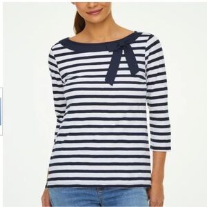 LOFT 3/4 SLEEVE BOATNECK BOW STRIPE TEE, Navy and White, Sz XL